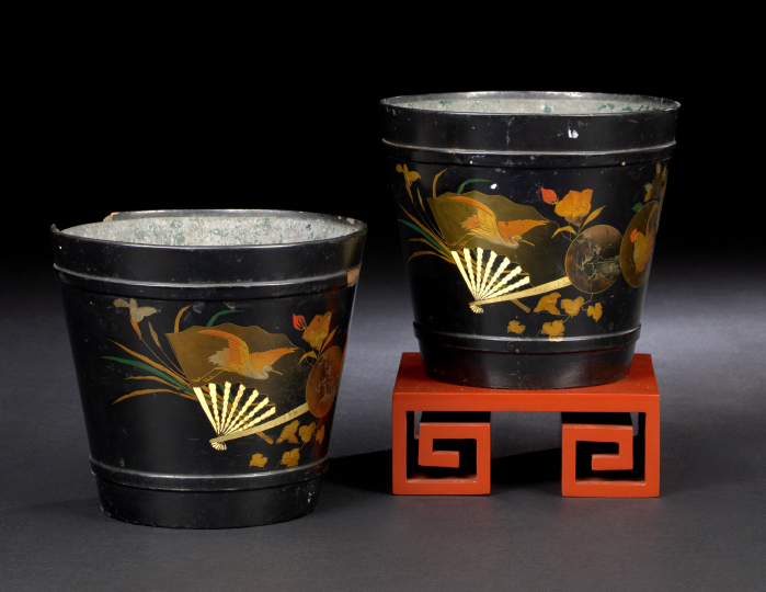 Appraisal: Pair of English Parcel-Gilt and Black-Lacquered Papier-Mache Cachepots in the