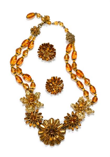 Appraisal: Miriam Haskell amber glass and rhinestone necklace and earrings Two