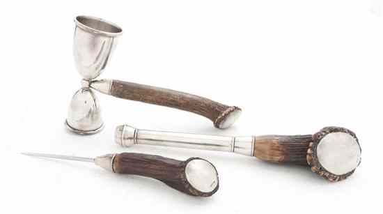 Appraisal: An American Sterling Silver and Antler Mounted Cocktail Set John