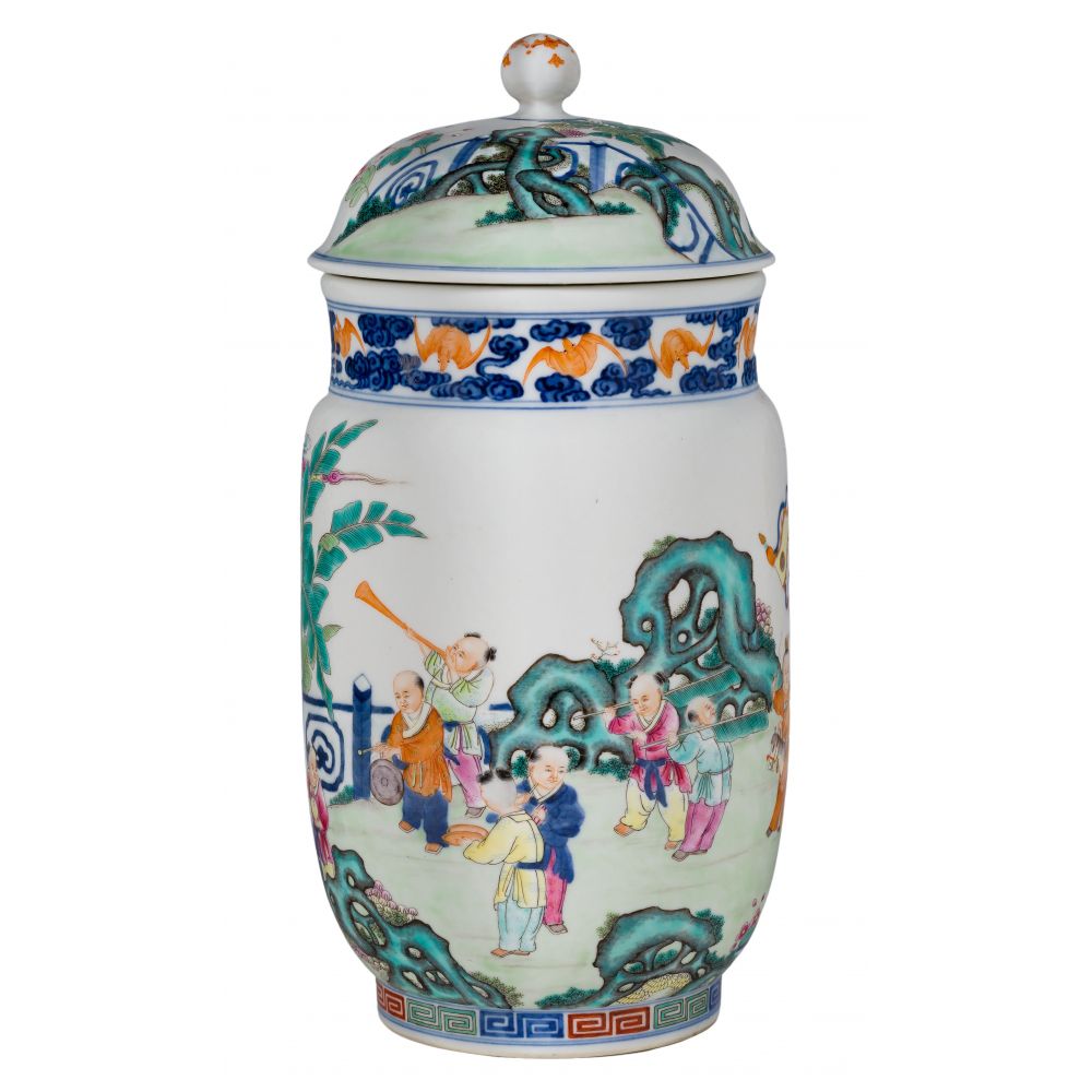 Appraisal: CHINESE FAMILLE ROSE PORCELAIN COVERED JARHaving an enamel over underglaze