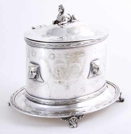 Appraisal: Mappin Webb silverplate Egyptian Revival biscuit box circa sphinx finial