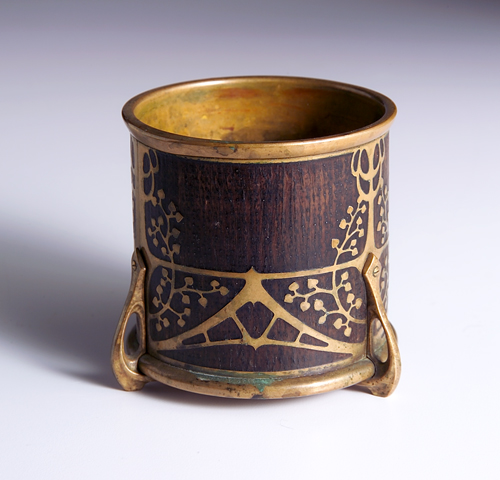 Appraisal: POSSIBLY NEWCOMB COLLEGE Wood and brass three-footed Arts Crafts cylindrical