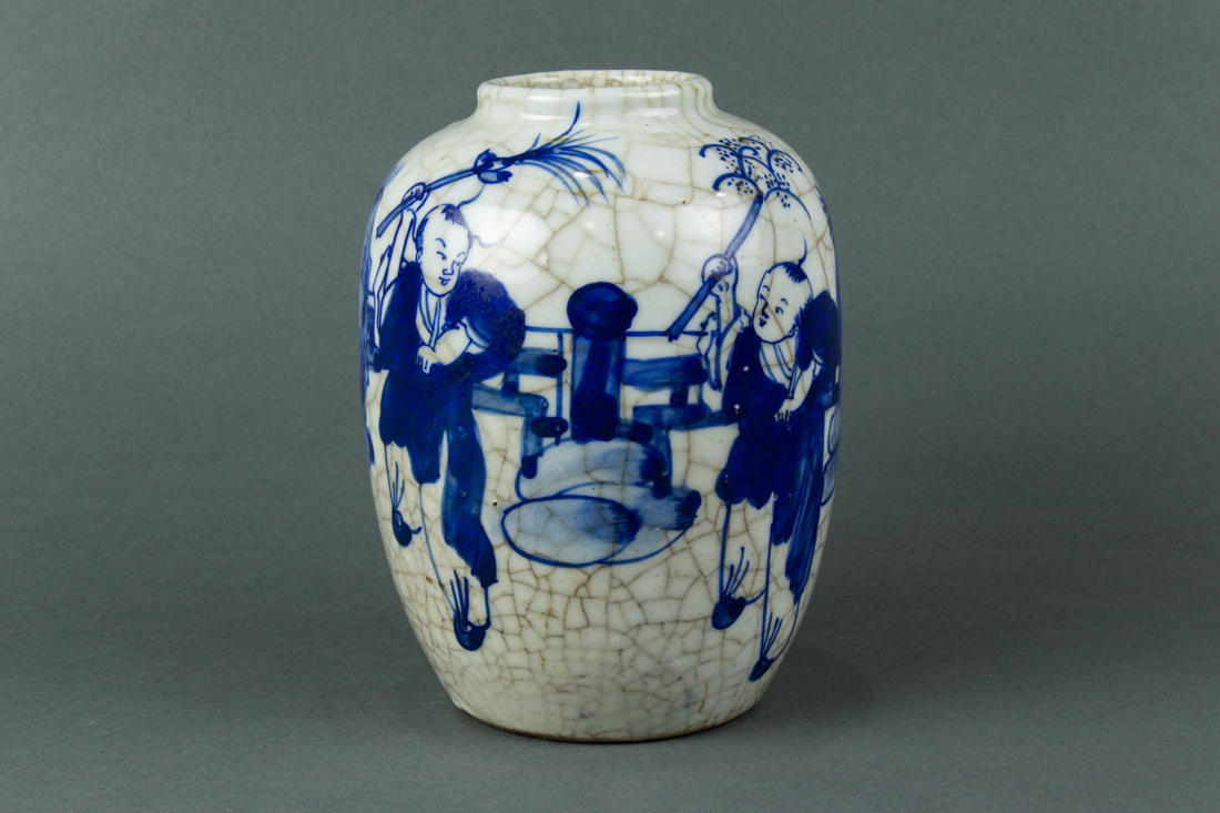 Appraisal: CHINESE BLUE AND WHITE CRACKLED GROUND VASE Chinese blue and