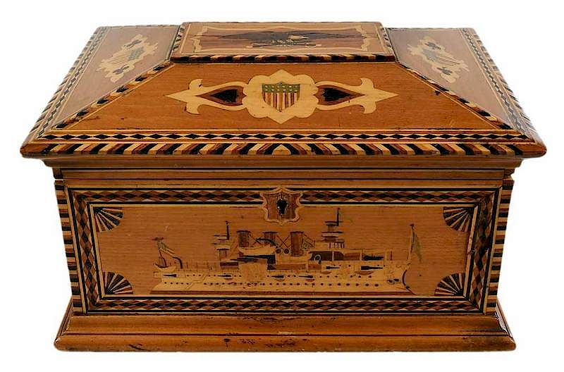 Appraisal: Inlaid Nautical Jewelry Box American probably th century sarcophagus form