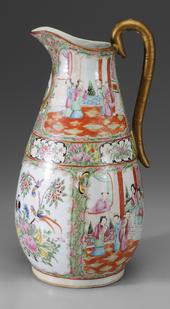 Appraisal: Famille Rose Porcelain Pitcher Chinese th century pear-shaped polychrome enameled