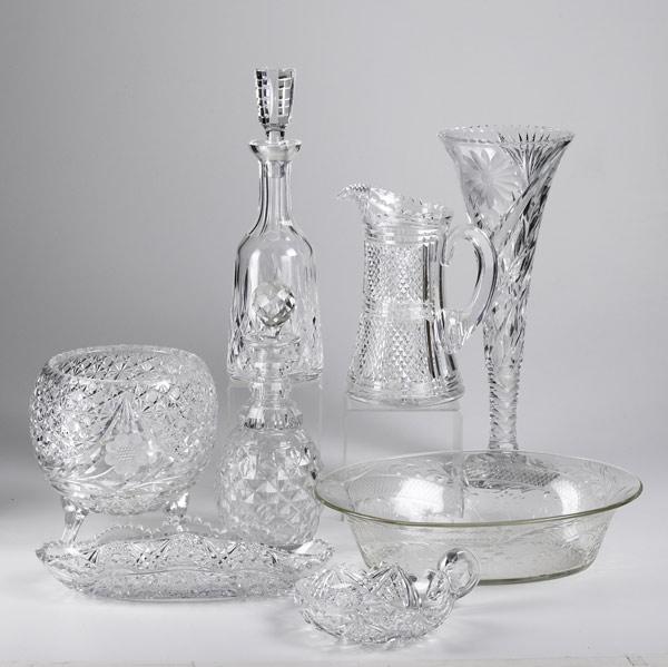 Appraisal: CUT GLASS GROUPING Eight pieces include two decanters pitcher tall