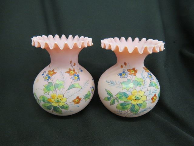 Appraisal: Pair of Webb Burmese Art Glass Vases enameled florals ruffle