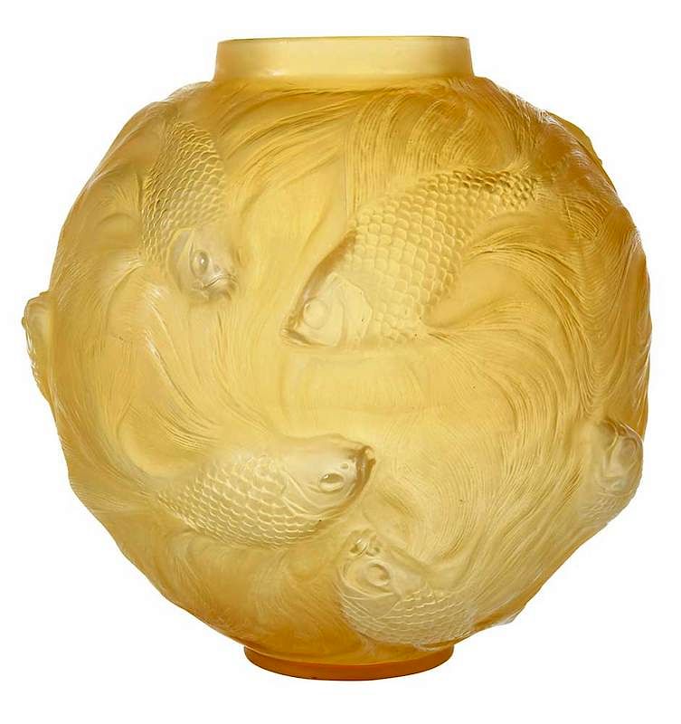 Appraisal: R Lalique Formose Glass Vase amber cased with opalescent glass