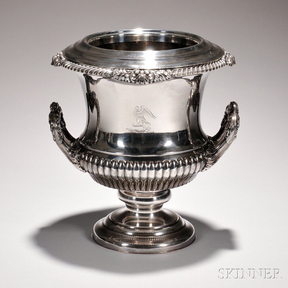 Appraisal: Victorian Silver-plated Wine Cooler urn-form with gadrooned rim with foliate