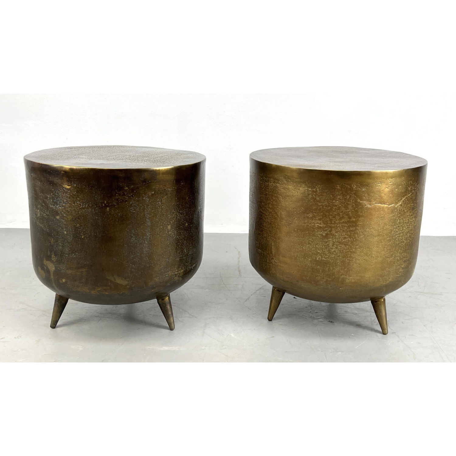 Appraisal: Pr Metal Drum style Side End Tables Tripod Bases Hollow