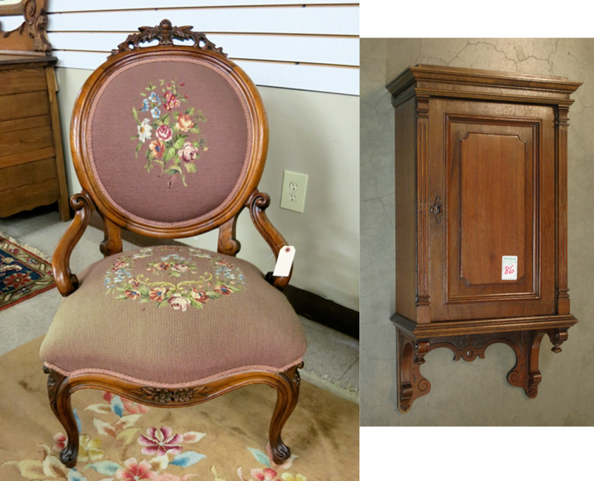 Appraisal: VICTORIAN WALNUT WALL CABINET AND NEEDLEPOINT CHAIR The small single-door