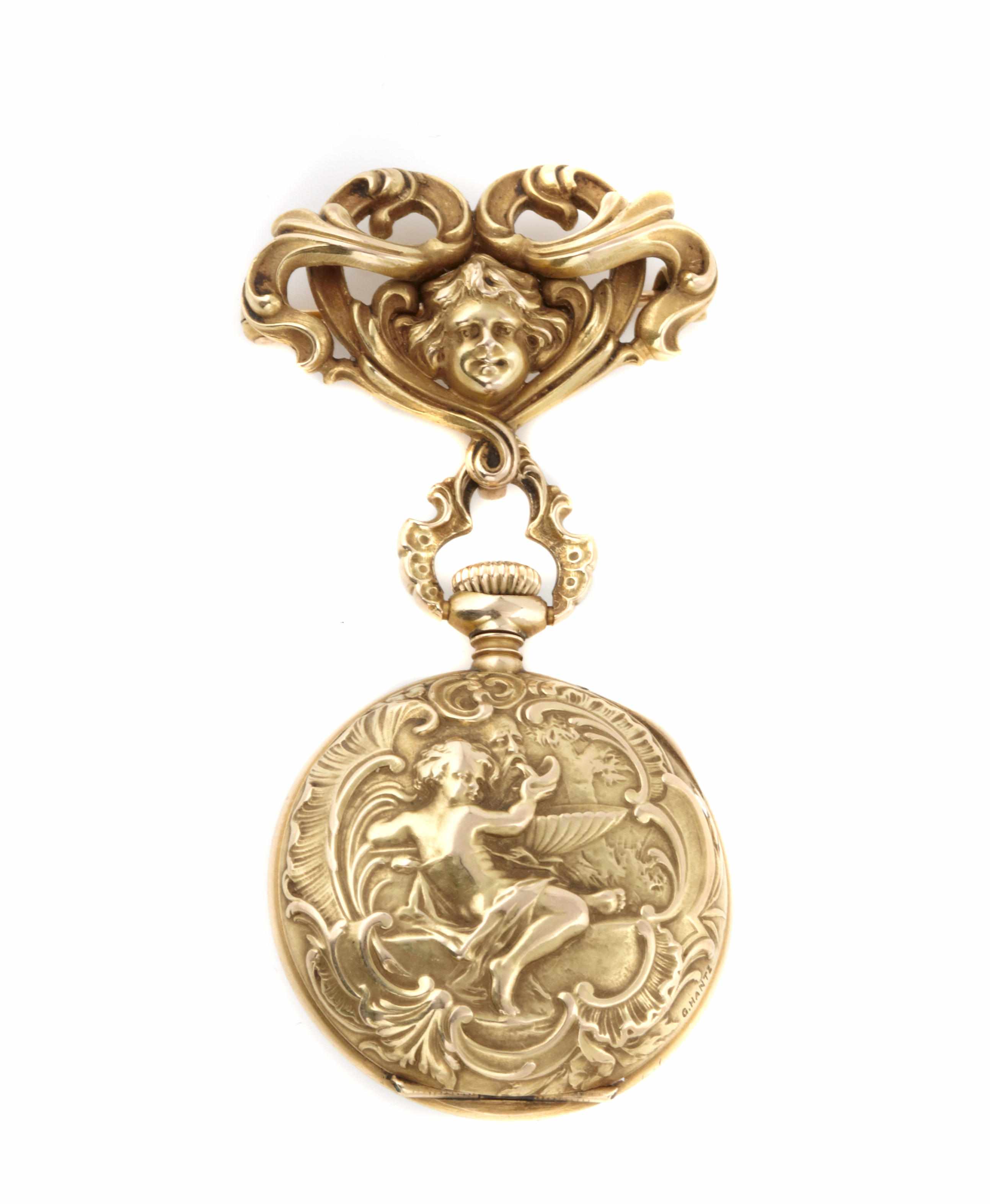 Appraisal: A k gold mythological themed pendant-brooch-watch featuring a white dial