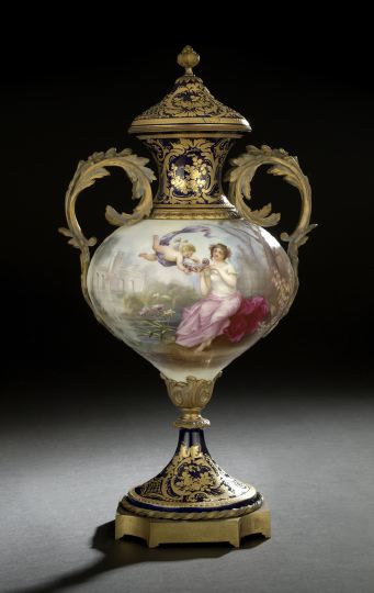 Appraisal: French Bleu-du-Roi-Ground Porcelain Covered Garniture Vase fourth quarter th century