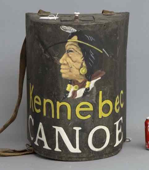 Appraisal: Early ''Kennebuc Canoe'' tin advertising back-pack '' Ht has leather