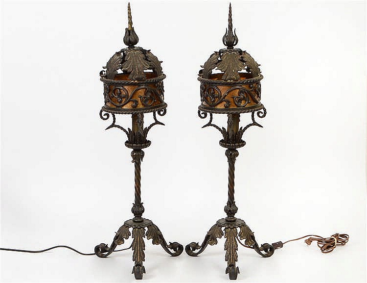 Appraisal: PAIR OF MIZNER STYLE GILT IRON TABLE LAMPSEarly th Century