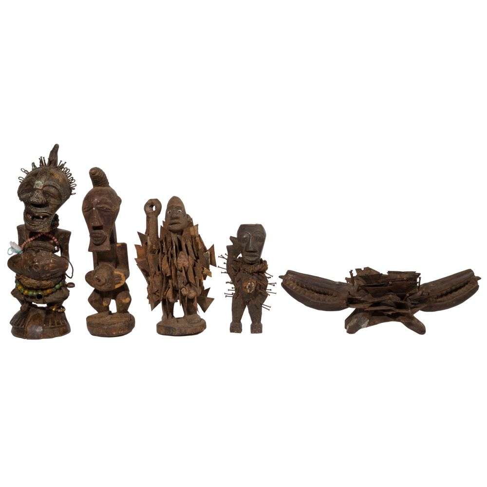 Appraisal: AFRICAN SONGYE FETISH FIGURINE ASSORTMENT mostly figural items including a