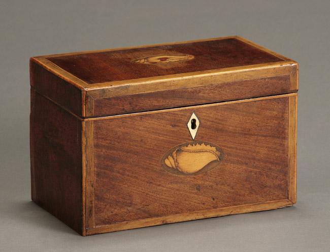 Appraisal: George III Satinwood and Olivewood Inlaid Mahogany Tea Caddy Circa