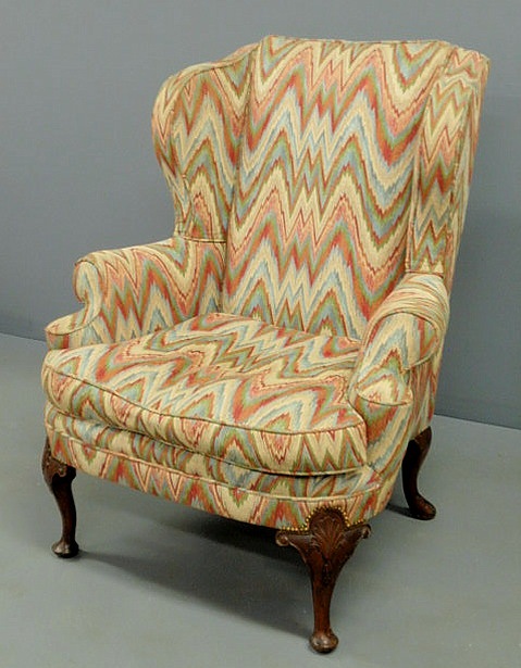 Appraisal: Queen Anne style armchair with flame stitch upholstery h x