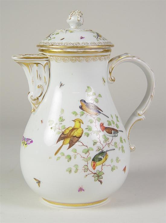 Appraisal: Meissen Chocolate Pot Hand-painted birds foliage and insects Applied leaf