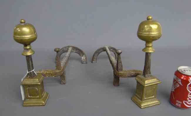 Appraisal: Pair th c brass and wrought andirons '' Ht