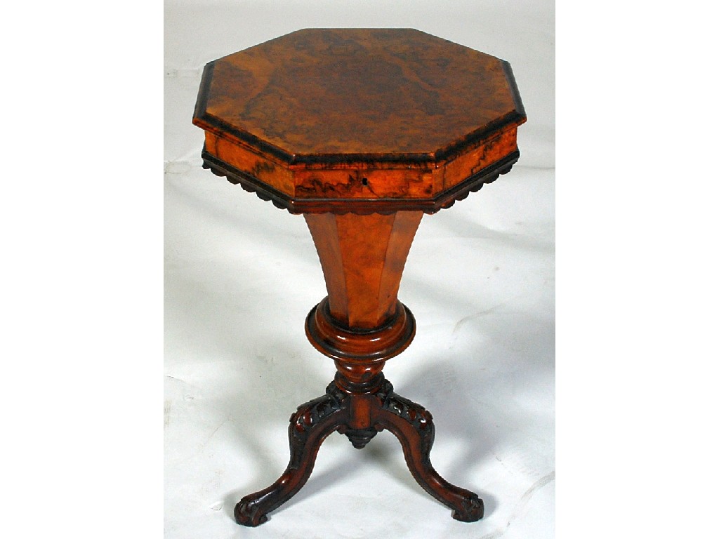 Appraisal: VICTORIAN BURR WALNUTWOOD LADIES WORK TABLE the octagonal enclosing a