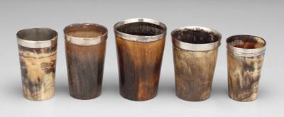 Appraisal: Five horn beakers silver mounts one with marks for Ireland