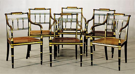 Appraisal: Six Regency style black lacquer and parcel-gilt armchairs late th