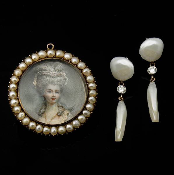 Appraisal: An antique painted ivory and seed pearl brooch with a