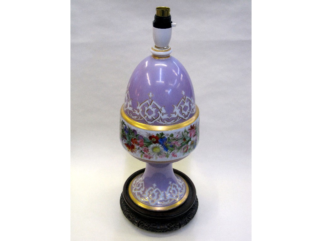 Appraisal: French glass lampbase with central band of handpainted floral decoration