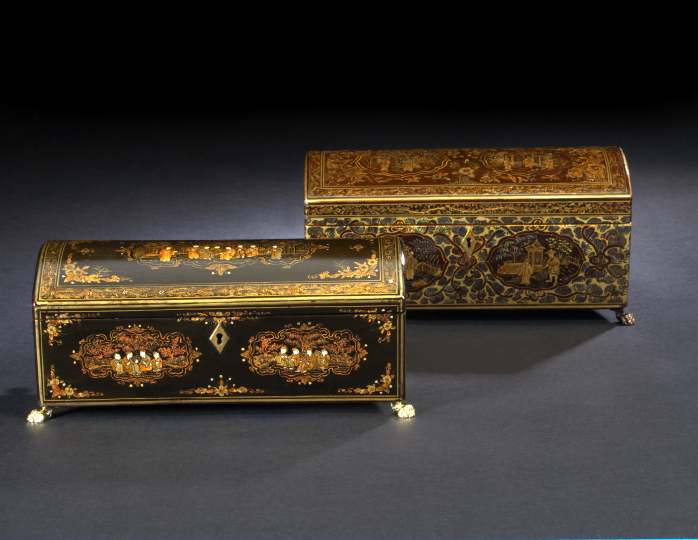 Appraisal: English Brass-Mounted Deux-Couleur-Gilded Black Lacquer Dome-Lidded Jewel Casket second quarter