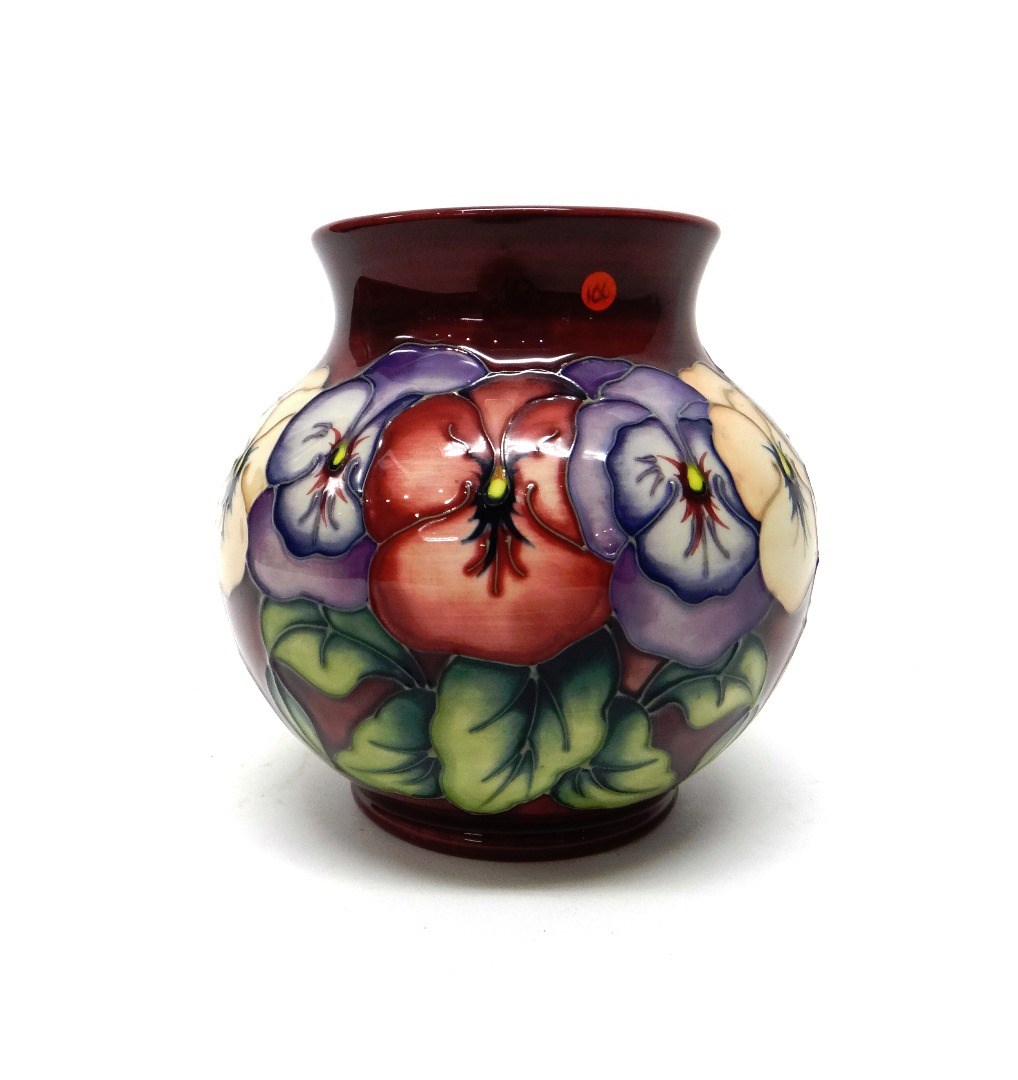 Appraisal: A Moorcroft 'Pansies' burgundy ground vase circa cm high boxed