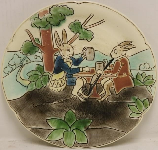 Appraisal: CA CONTINENTAL POTTERY CHARGER WITH PAINTEDAND INCISED RABBITS DRINKING AND