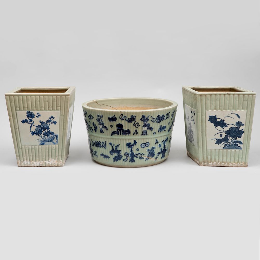 Appraisal: Three Chinese Celadon Glazed Porcelain Faux Bamboo Planters Comprising A