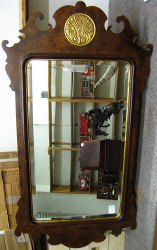 Appraisal: CHIPPENDALE STYLE BURL WALNUT WALL MIRROR Henredon Furniture Co The