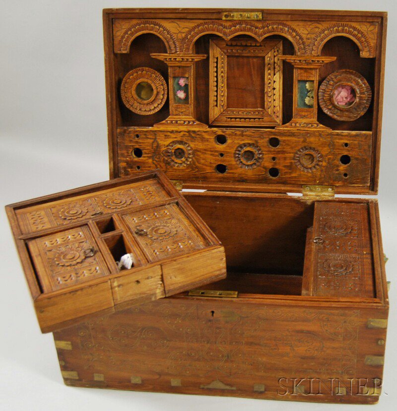 Appraisal: Brass Inlaid and Carved Rosewood Veneer Storage Box with hinged