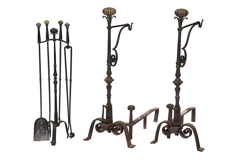 Appraisal: Pair Baroque Style Iron and Brass Andirons British or Continental