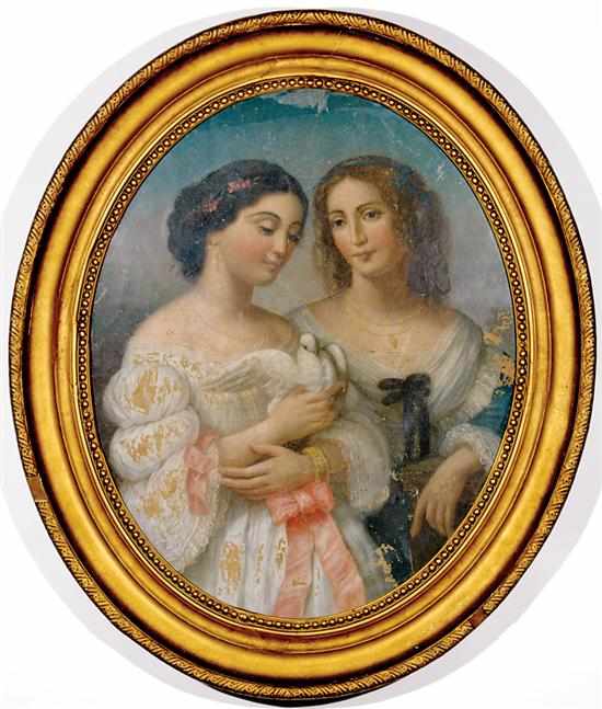 Appraisal: Spanish school late th century OVAL PORTRAIT OF YOUNG LADIES