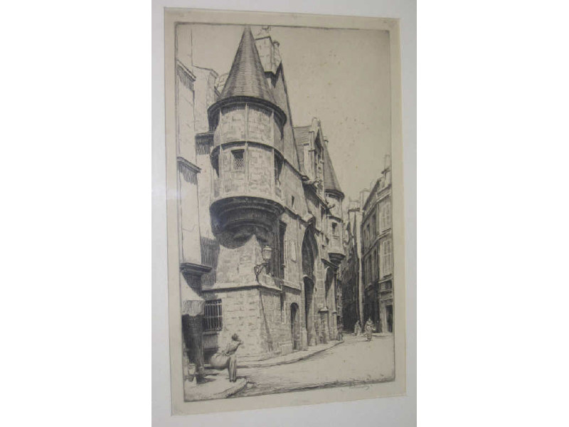 Appraisal: SCHNEIDER European street scene with figures etching signed in pencil