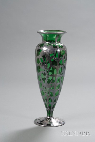 Appraisal: Silver Overlay Vase Glass and metal th century Green tapering