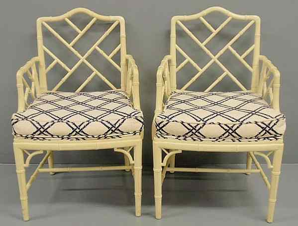 Appraisal: Pair of antiqued white Chinese Chippendale style open armchairs h