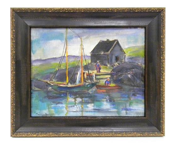 Appraisal: Marion Huse American - Boat at Rural Dock oil on