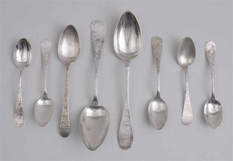 Appraisal: AMERICAN AND OTHER SILVER SPOONS WITH ENGRAVED HANDLES Various marks