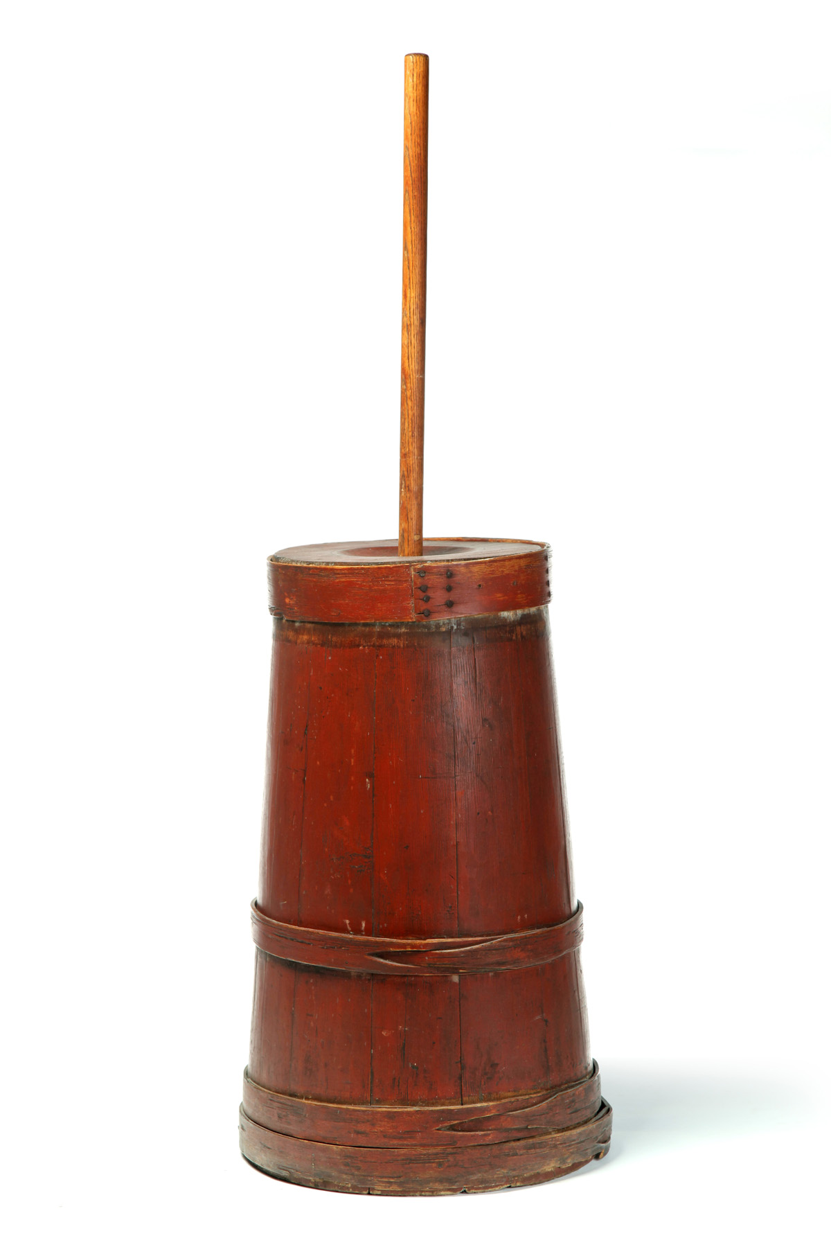 Appraisal: AMERICAN PAINTED BUTTER CHURN Nineteenth century mixed woods Stave construction