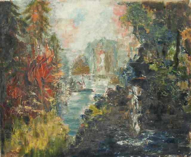 Appraisal: TOM MOSTYN - A wooded river landscape inscribed verso oils