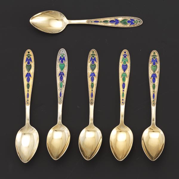 Appraisal: RUSSIAN VERMEIL SILVER AND ENAMEL SIX DEMITASSE SPOONS SOVIET ERA