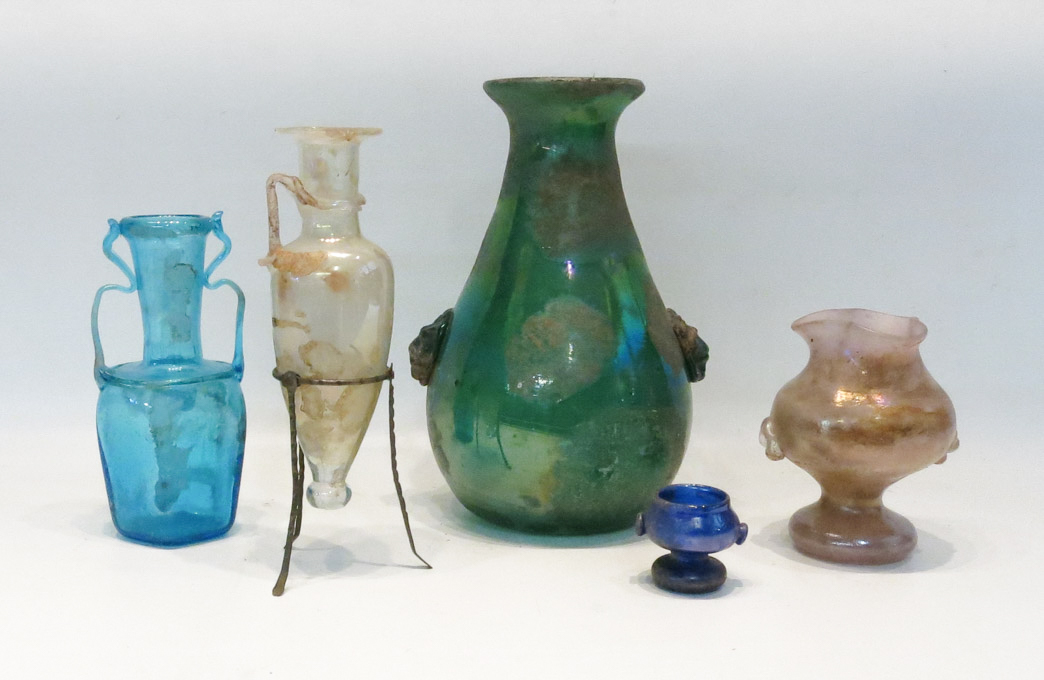 Appraisal: FIVE ART GLASS VESSELS comprised of iridescent amphora jar with