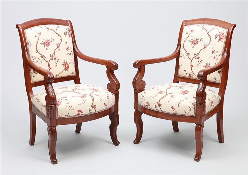 Appraisal: PAIR OF EMPIRE MAHOGANY FAUTEUILS LE REINE Each with an