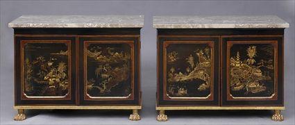 Appraisal: PAIR OF REGENCY-STYLE GILTWOOD-MOUNTED ROSEWOOD AND LACQUER CABINETS Each rectangular