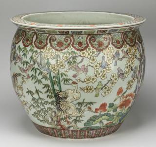 Appraisal: Large Chinese fishbowl with cranes w Large Chinese fishbowl th