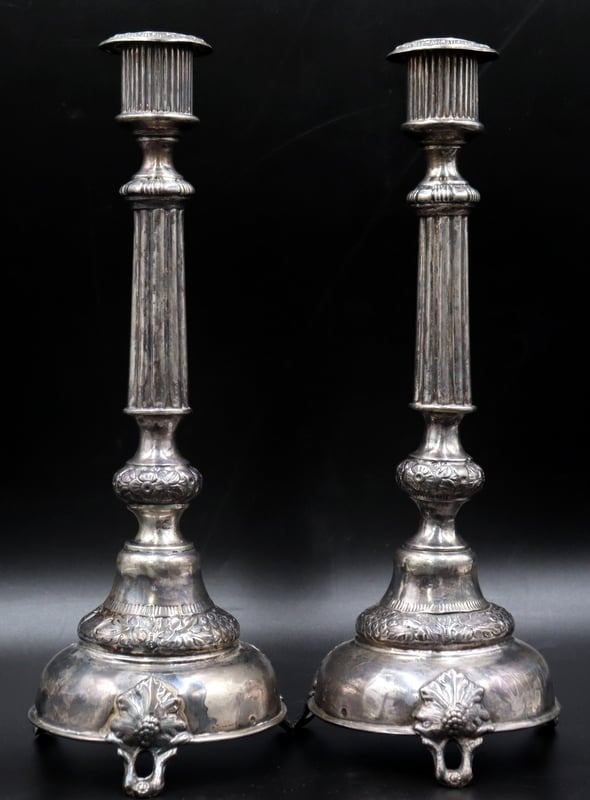 Appraisal: JUDAICA PAIR OF RUSSIAN SILVER SHABBAT Candlesticks Pair of Russian